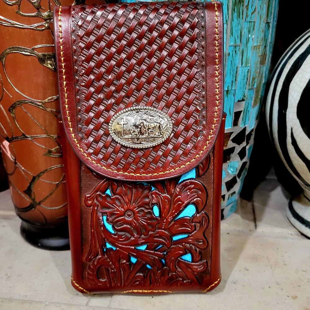 Praying Cowboy Western Phone Holster basketweave floral for XL size brown  teal